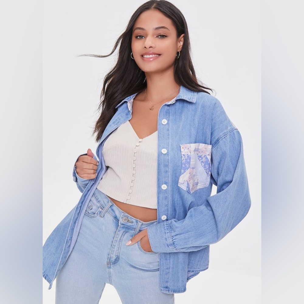 Denim shirt with floral inserts